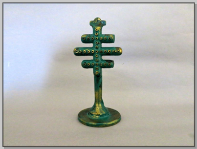 “Papal Cross” 11” h painted steel found objects